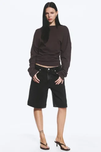 Pleated Long-Sleeved Top – Dark Brown