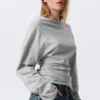Pleated Long-Sleeved Top – Light Grey Melange
