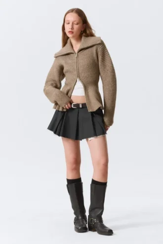Pleated Mini Suiting Skirt – Dark Grey Melange