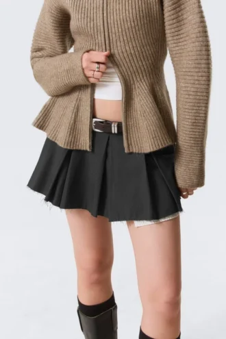 Pleated Mini Suiting Skirt – Dark Grey Melange