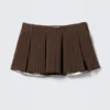 Pleated Mini Suiting Skirt – Striped Dark Brown
