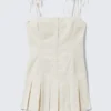 Pleated Tie-Strap Mini Twill Dress – Light Beige