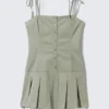Pleated Tie-Strap Mini Twill Dress – Light Khaki Green