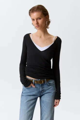 Plunging V-Neck Long-Sleeved Top – Black