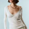 Plunging V-Neck Long-Sleeved Top – White