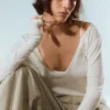 Plunging V-Neck Long-Sleeved Top – White