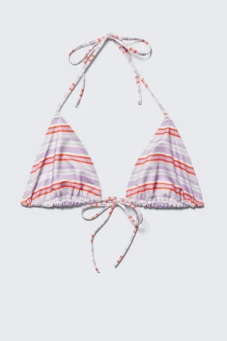 Printed Halter Triangle Bikini Top – Purple & Red Stripes