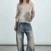 Printed Hooded Stud Top – Dusty Mole