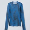 Printed Long Sleeve Mesh Top – Bright Blue – Black Strokes