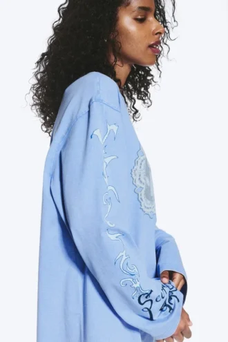 Printed Long-Sleeved Cotton T-Shirt – Medium Blue – Swan