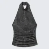 Printed Open-Back Halterneck Top – Black – Denim Print