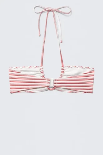 Printed Ruched Halter Bandeau Bikini Top – Red Multi Stripe