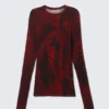 Printed Slim Fit Long-Sleeved Top – Dark Red Dragon Print