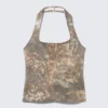 Printed Square Neck Halter Top – Khaki Green Print