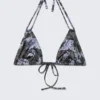 Printed Triangle Halter Bikini Top – Black/Blue – Newspaper/Flame
