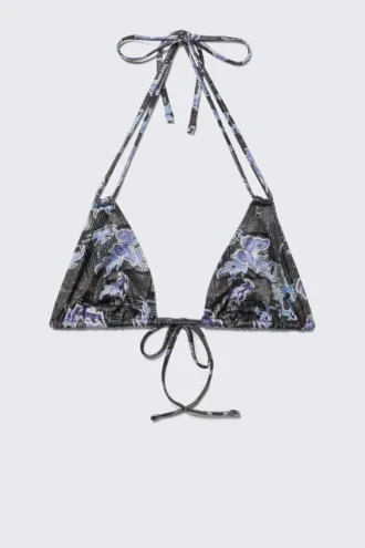 Printed Triangle Halter Bikini Top – Black/Blue – Newspaper/Flame