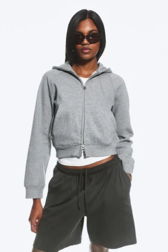 Raglan-Sleeved Cutline Zip Hoodie – Grey Melange
