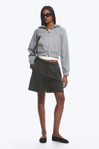 Raglan-Sleeved Cutline Zip Hoodie – Grey Melange