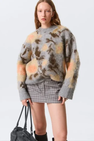 Relaxed Brushed Jacquard Knit Sweater – Grey Melange – Jacquard