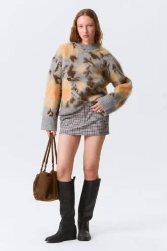 Relaxed Brushed Jacquard Knit Sweater – Grey Melange – Jacquard