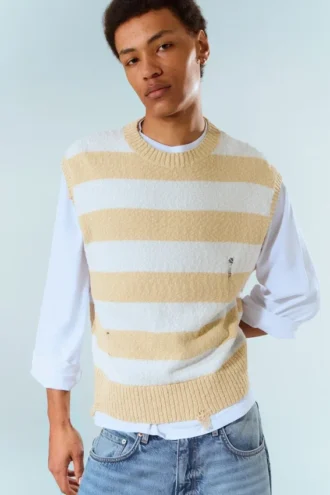 Relaxed Distressed Knitted Vest – Blue & Beige Stripe