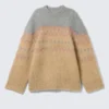 Relaxed Fit Fluffy Knit Sweater – Beige/Grey Fairisle