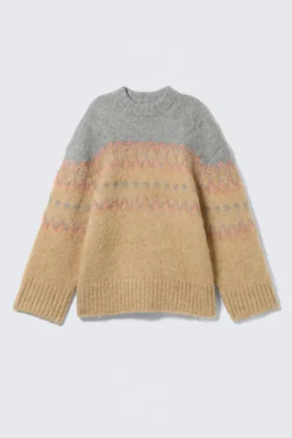 Relaxed Fit Fluffy Knit Sweater – Beige/Grey Fairisle