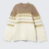 Relaxed Fit Fluffy Knit Sweater – White/Dark Beige Fairisle