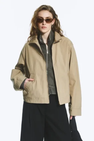 Relaxed Funnel-Neck Cotton Jacket – Beige