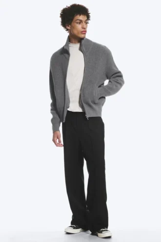 Relaxed High-Neck Zip Knit Cardigan – Light Dusty Grey