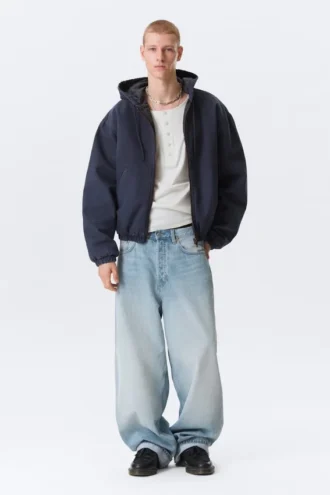 Relaxed Hooded Bomber Jacket – Washed Navy Blue