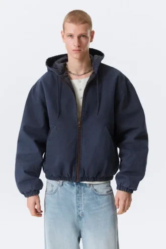 Relaxed Hooded Bomber Jacket – Washed Navy Blue