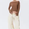 Relaxed Knitted Boat-Neck Sweater – Brown