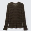 Relaxed Knitted V-Neck Sweater – Striped Dark Brown