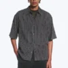 Relaxed Short-Sleeved Linen-Blend Shirt – Dark Grey Stripe