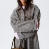 Relaxed Single-Breasted Car Coat – Checked Grey