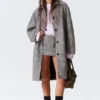 Relaxed Single-Breasted Car Coat – Checked Grey