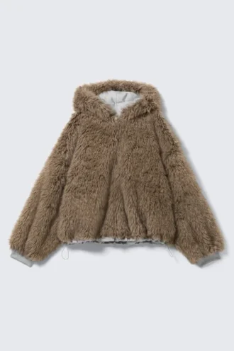 Reversible Faux Fur Zip Hoodie – Grey Melange & Brown