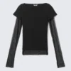 Rhinestone Mesh-Sleeve Top – Black