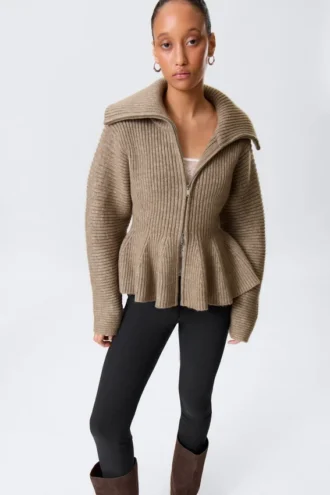 Rib Knit Peplum Zip Sweater – Dusty Mole