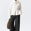 Rib Knit Peplum Zip Sweater – White