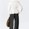 Rib Knit Peplum Zip Sweater – White