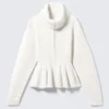 Rib Knit Peplum Zip Sweater – White