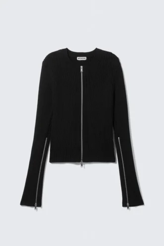 Ribbed Fitted Zip Cardigan – Black