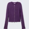 Ribbed Fitted Zip Cardigan – Dark Purple