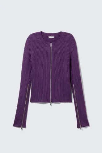 Ribbed Fitted Zip Cardigan – Dark Purple