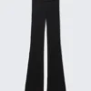 Ribbed Fold-Over Waist Flared Trousers – Black