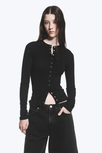 Ribbed Long-Sleeved Cardigan – Black