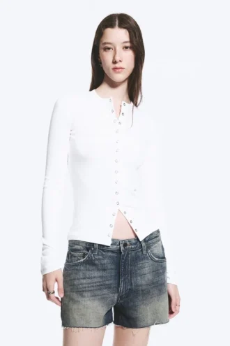 Ribbed Long-Sleeved Cardigan – White
