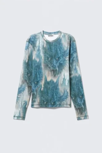 Ribbed Long-Sleeved T-Shirt – Grey & Blue Dragon Print